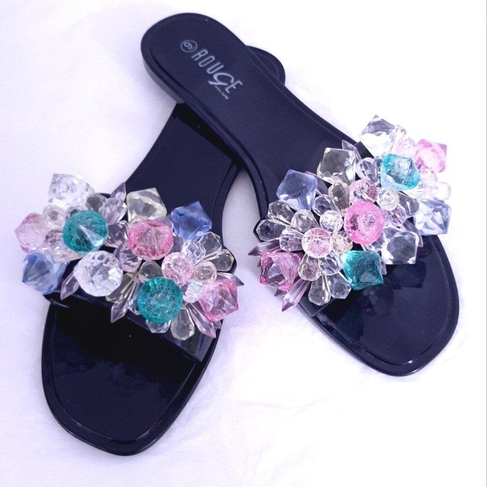 Rouge Helium Black & Colorful Gems Rhinestones Slides Size 9 Flats